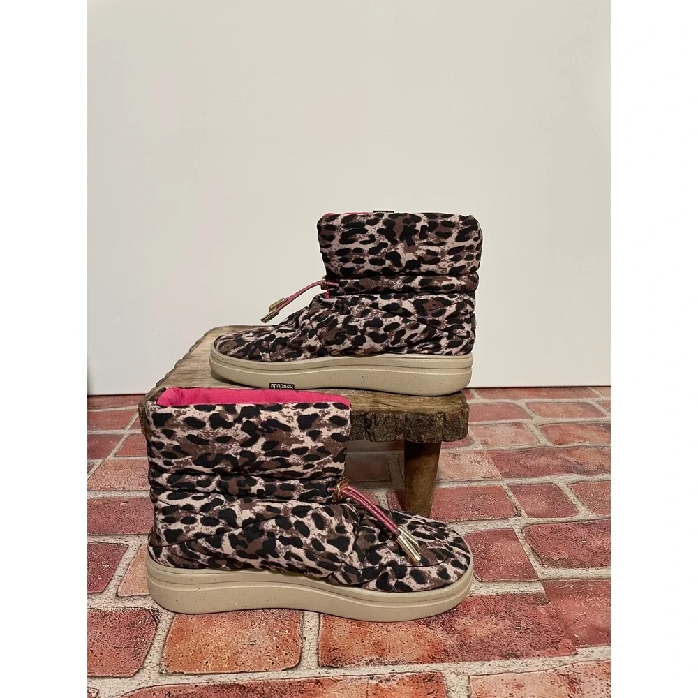 Hey Dude Margot Youth Eco Leopard Nut Puffy Boots Pink Lining Size 3 4 130471623